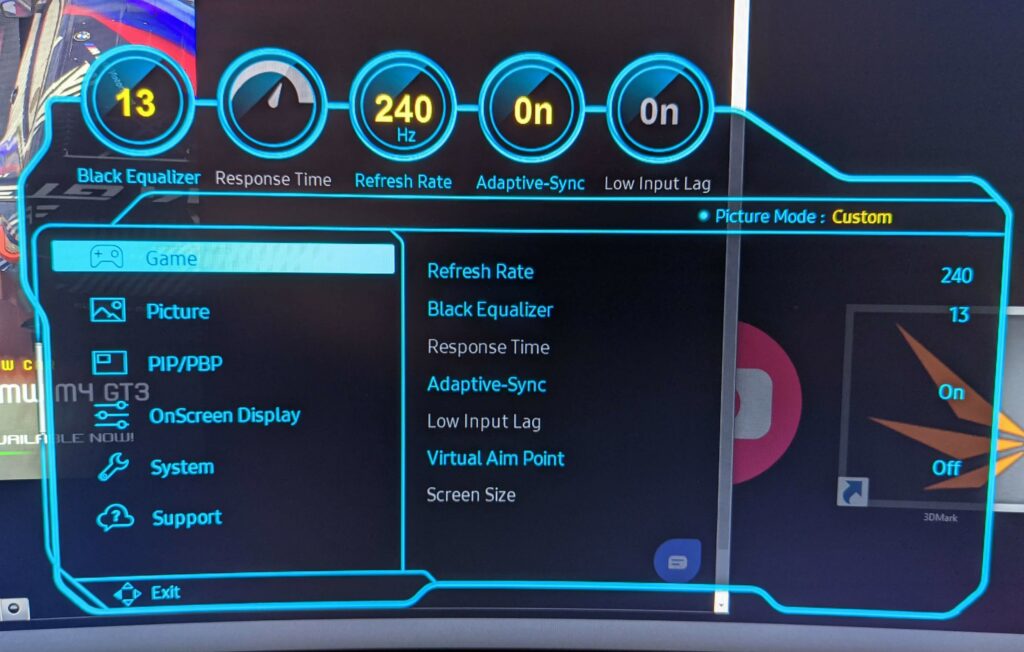 The G9 settings menu which allows you to set the high 240hz refresh rate