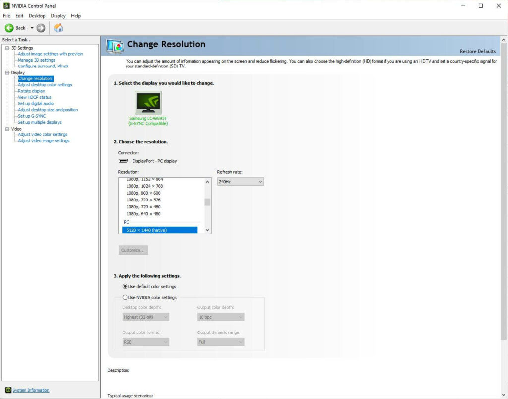 NVIDIA Control panel resolution settings