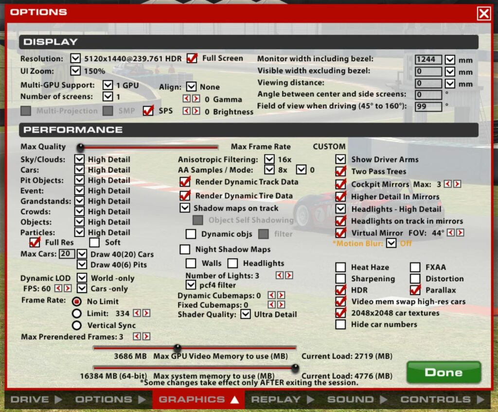 iRacing graphics settings for RTX 2080 ti and Samsung G9