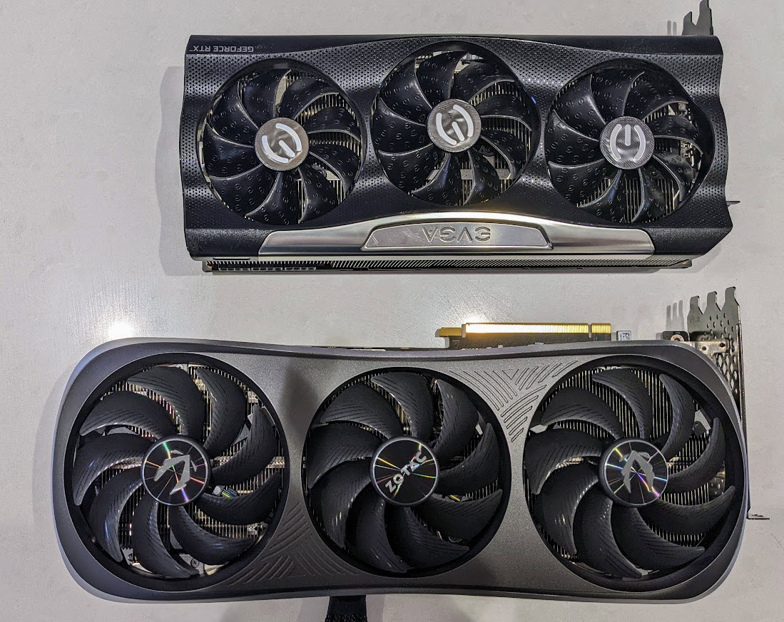 Zotac RTX 4090 below an EVGA RTX 30-series graphics card