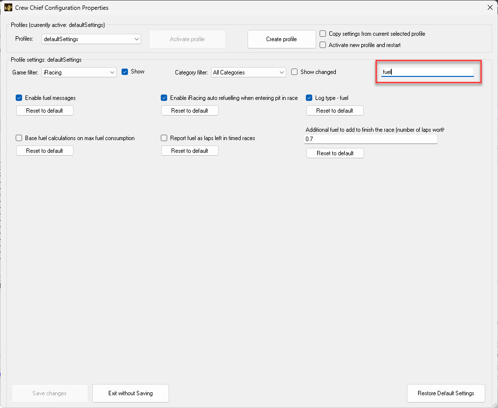 Search for "fuel" to display all fuel properties in the Crew Chief settings dialogue