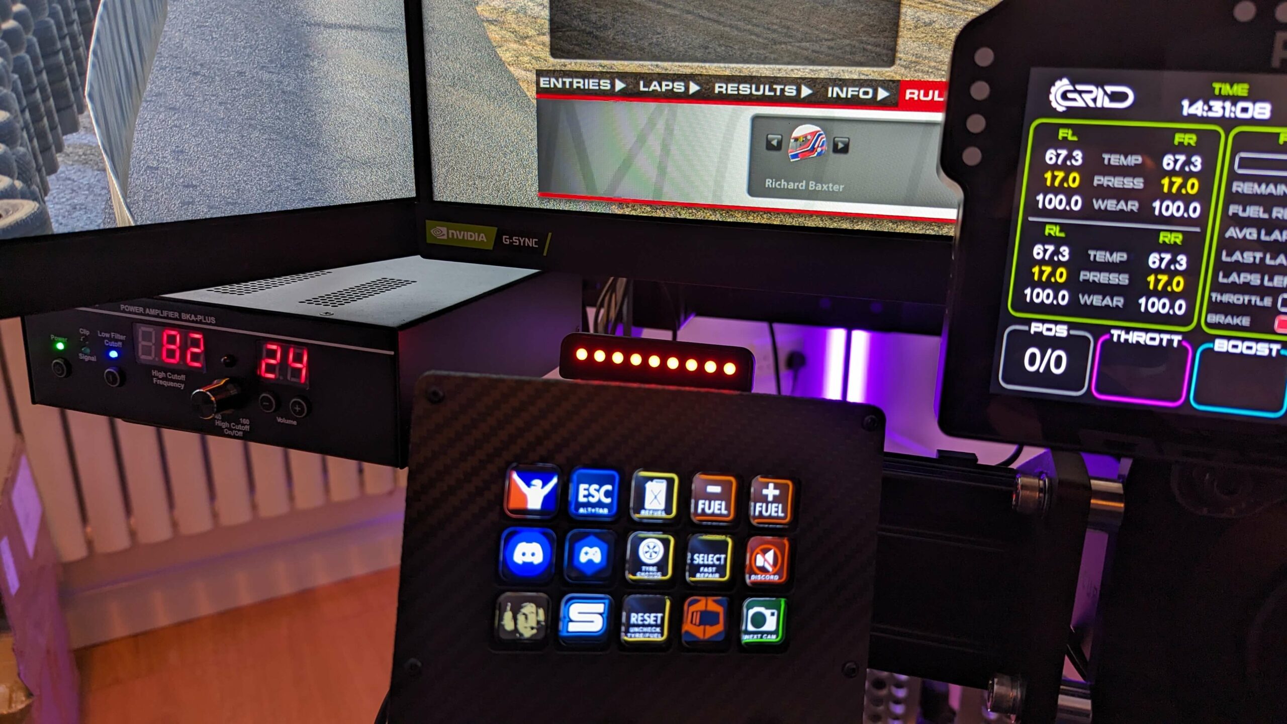 Grid Brows lit above a Stream Deck, with the Grid DDU5 showing tyre data on the right