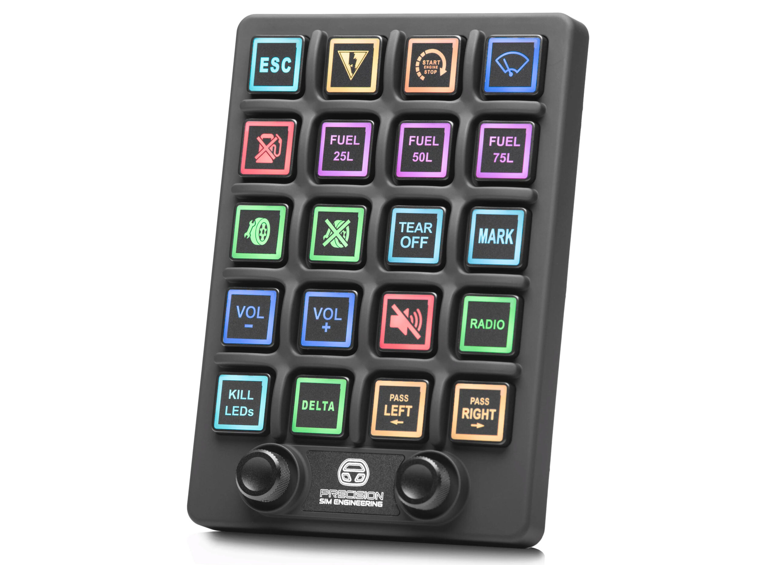Precision Sim Engineering Pro Switch Panel with 20 labelled RGB buttons and two joysticks