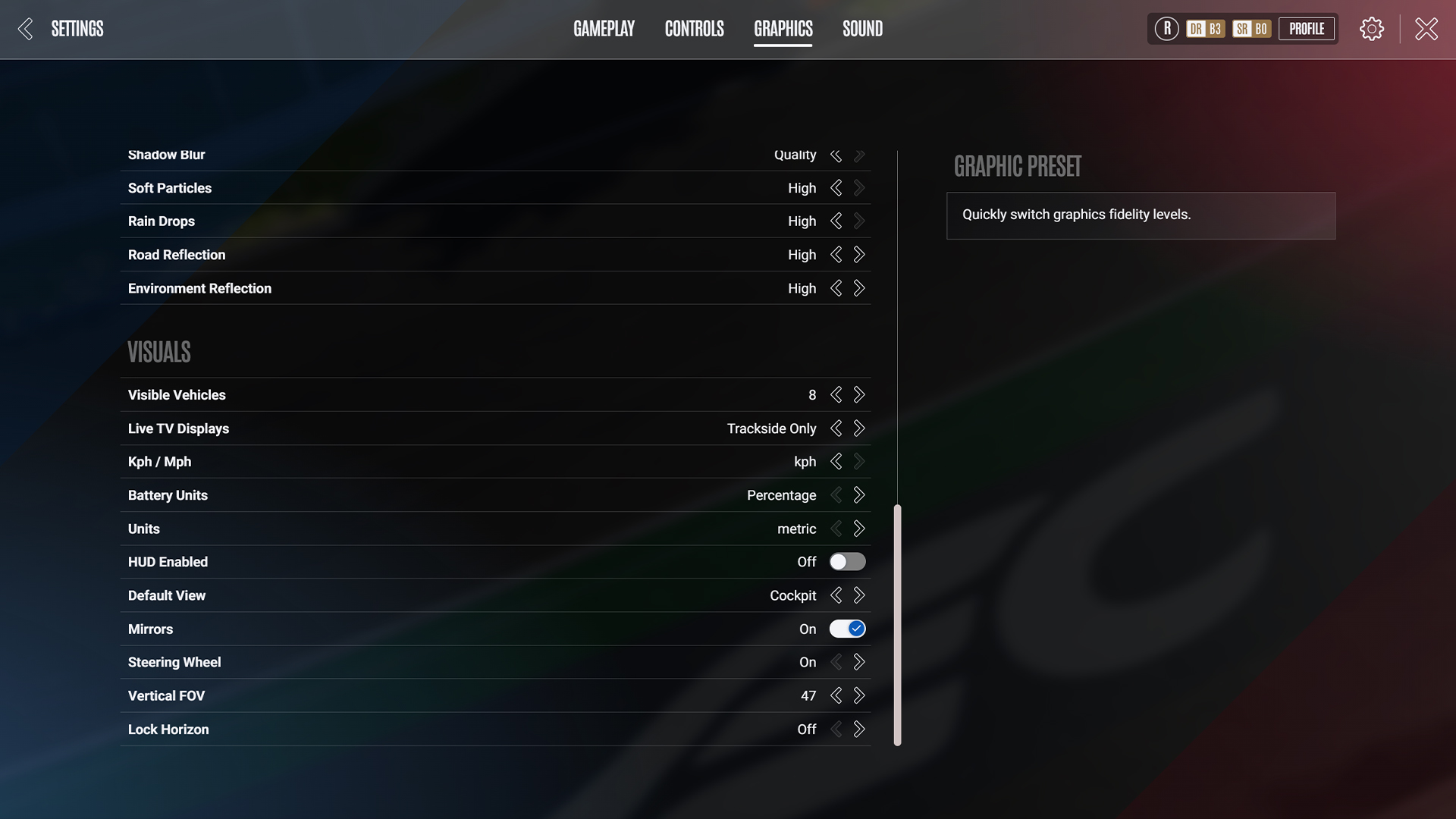 Le Mans Ultimate in-game Graphics settings panel showing the Visible Vehicles setting under Visuals