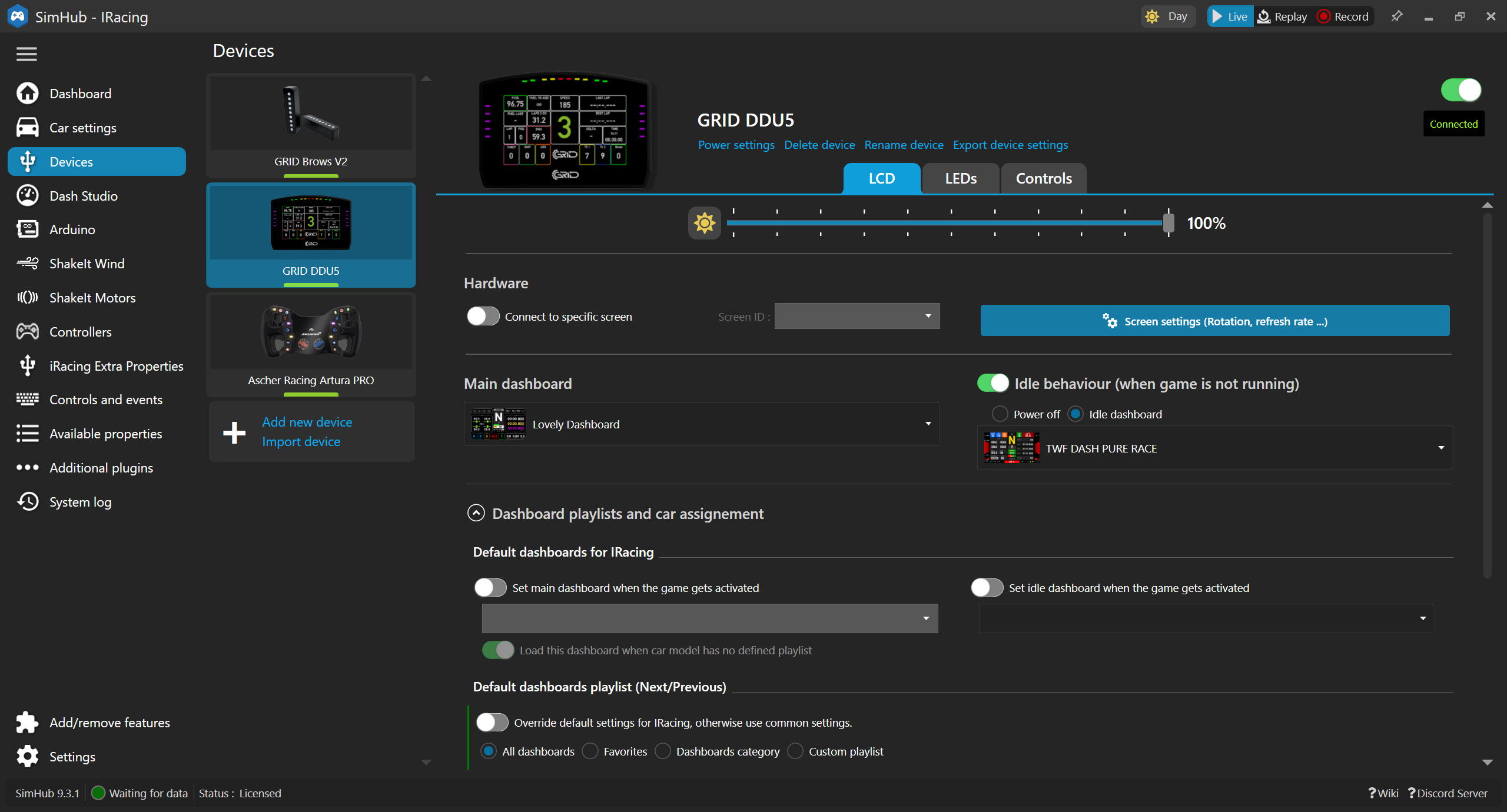 SimHub Devices screen listing the GRID Brows V2, GRID DDU5 and Ascher Racing Artura PRO