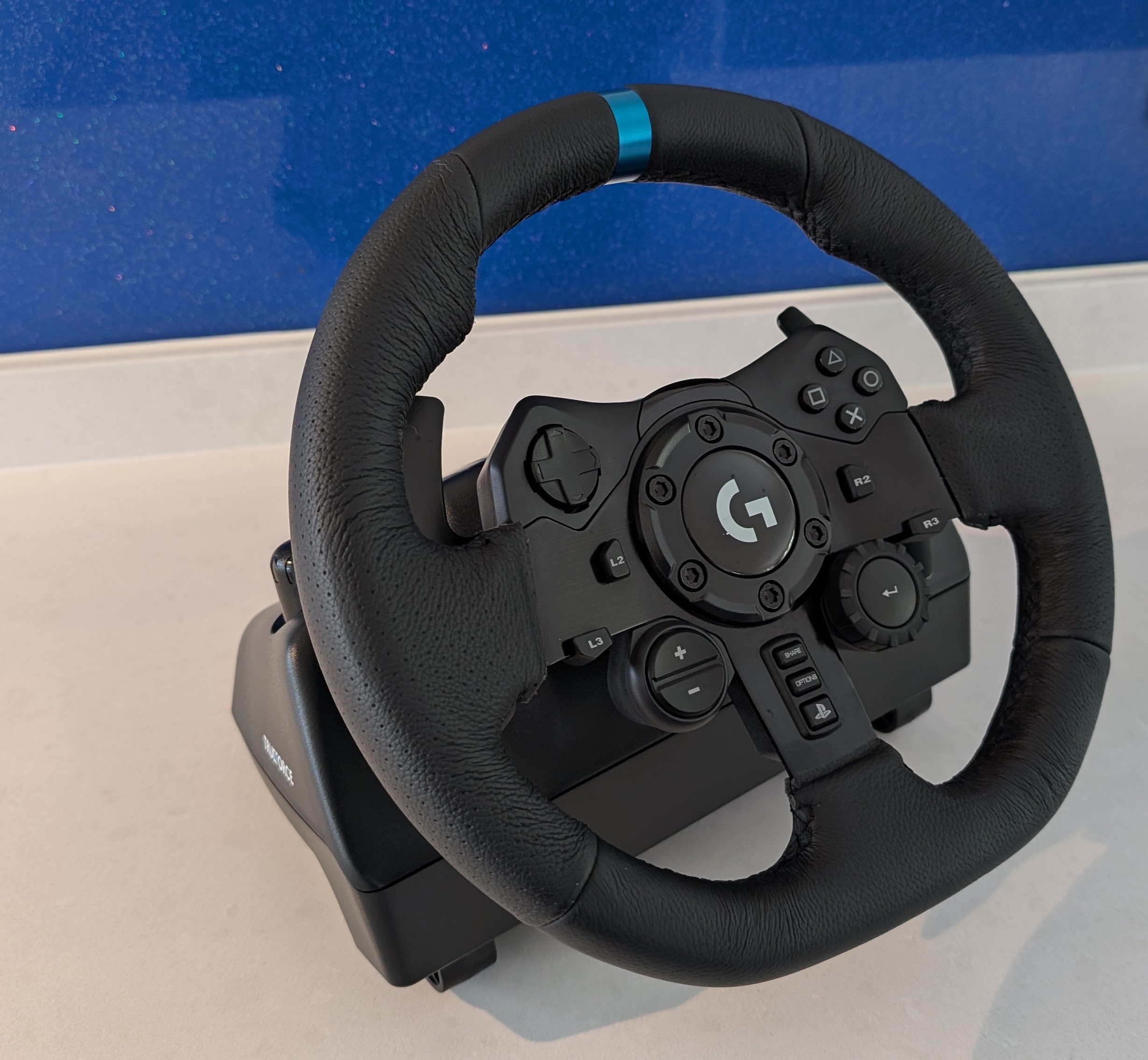 Richard's Logitech G923 PlayStation wheel on a white worktop