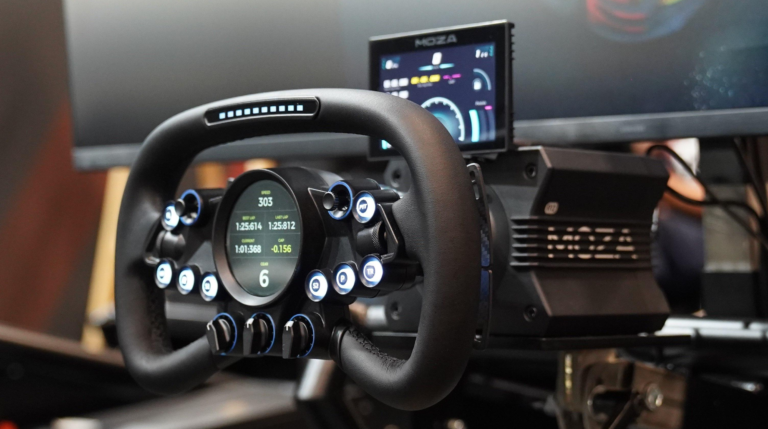 Moza R12 Direct Drive wheelbase with a Vision GS sim racing wheel attached