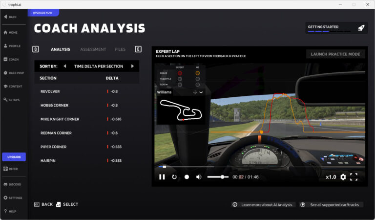 My sim racing coaching analysis by trophi.ai