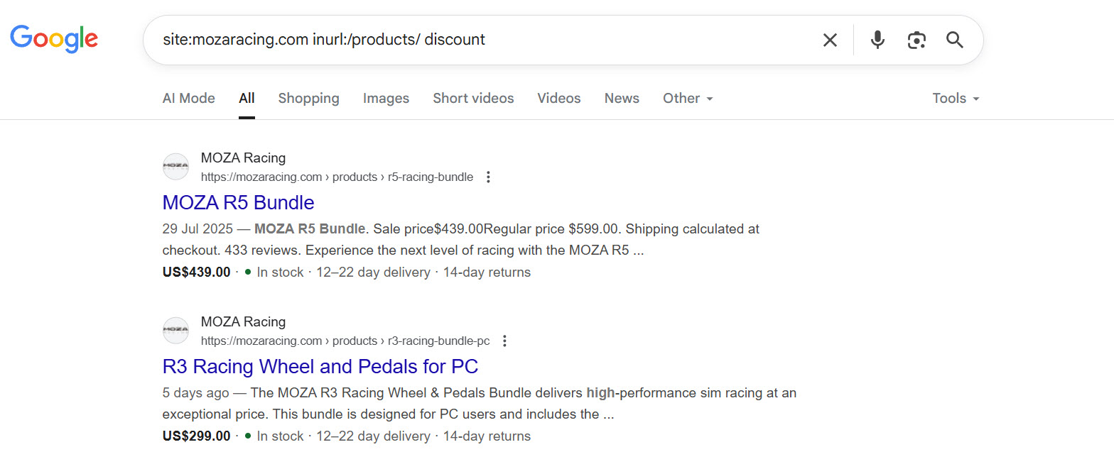 Moza Racing discount code search results