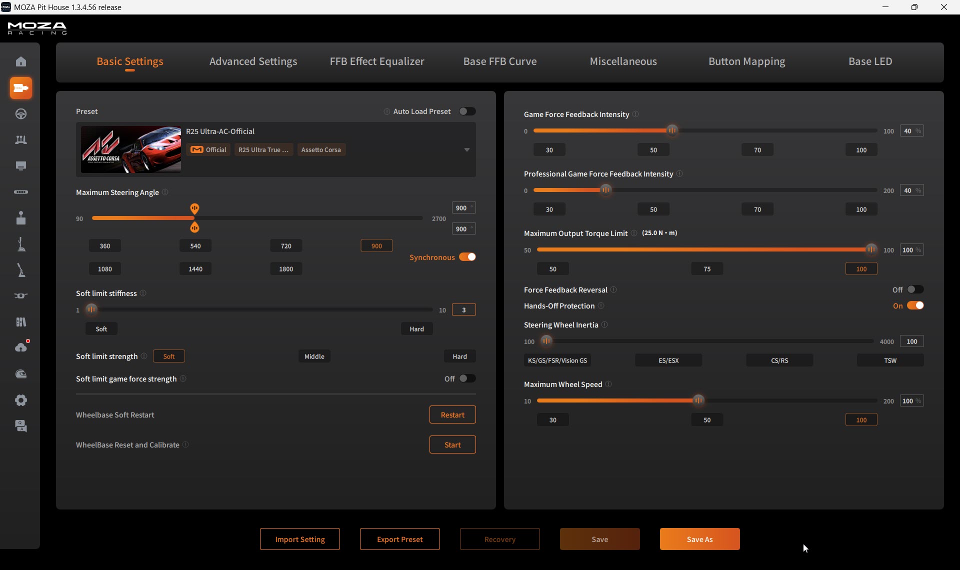 Basic Settings tab in Moza Pit House 1.3.4.56 with an R25 Ultra