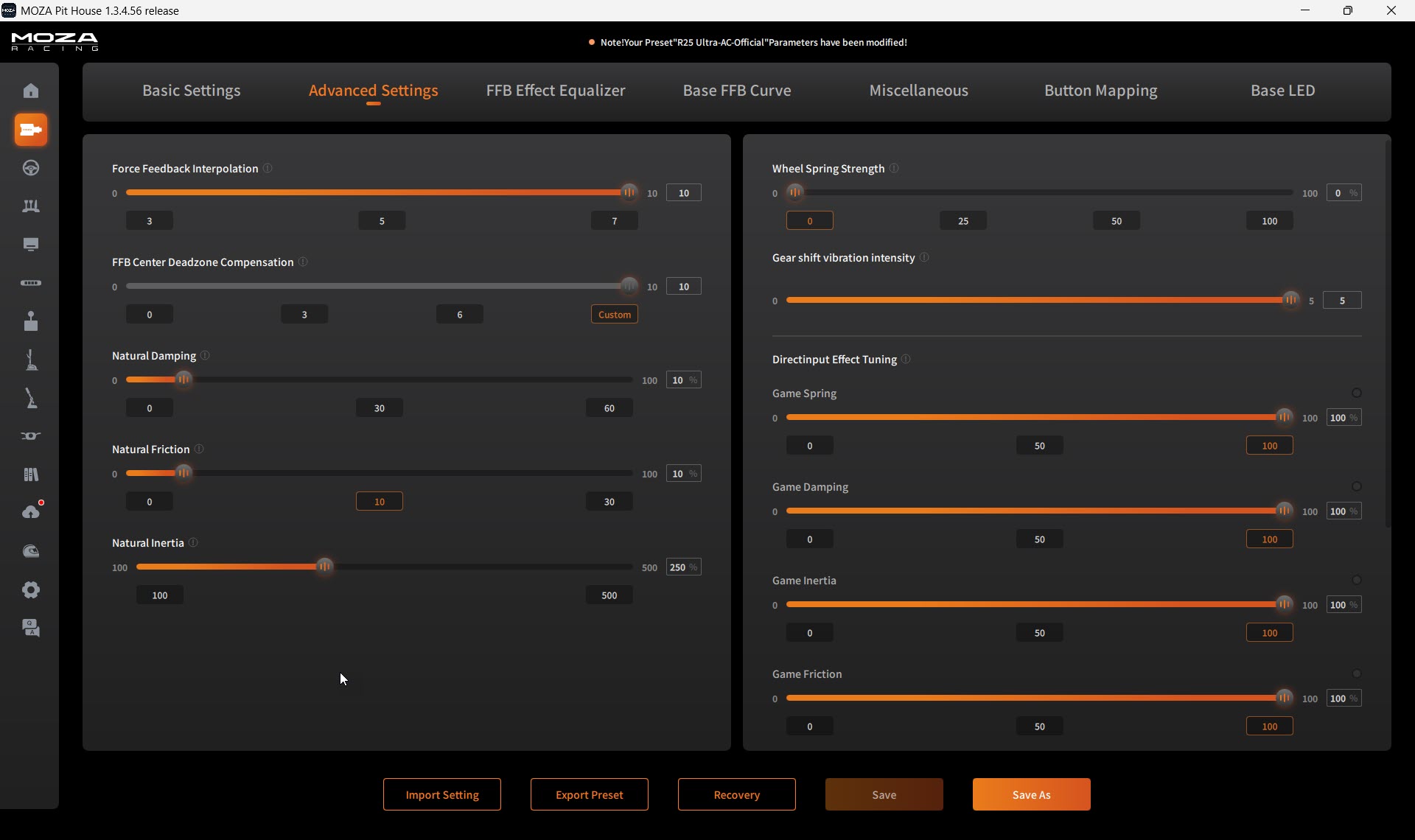 Advanced Settings tab in Moza Pit House 1.3.4.56