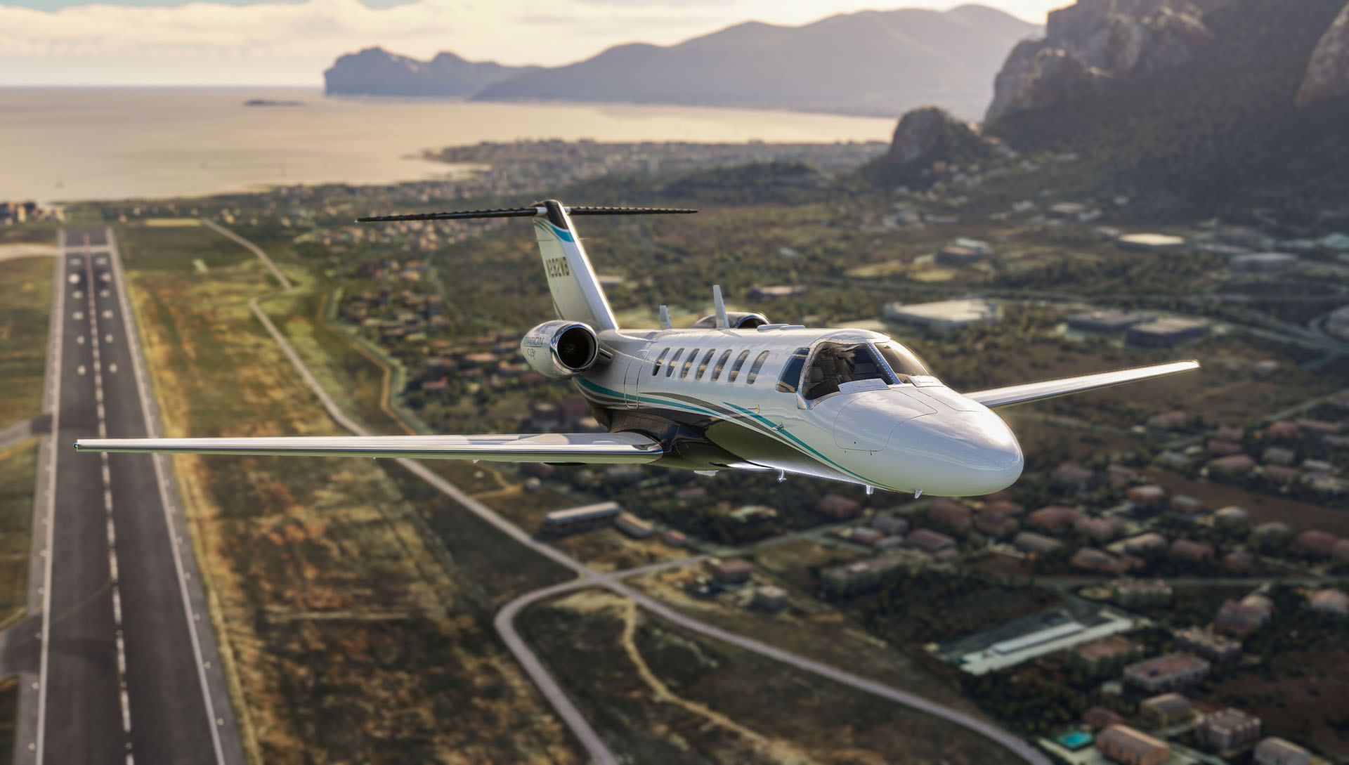 A Cessna Citation CJ3 business jet climbing away from a coastal runway in Microsoft Flight Simulator