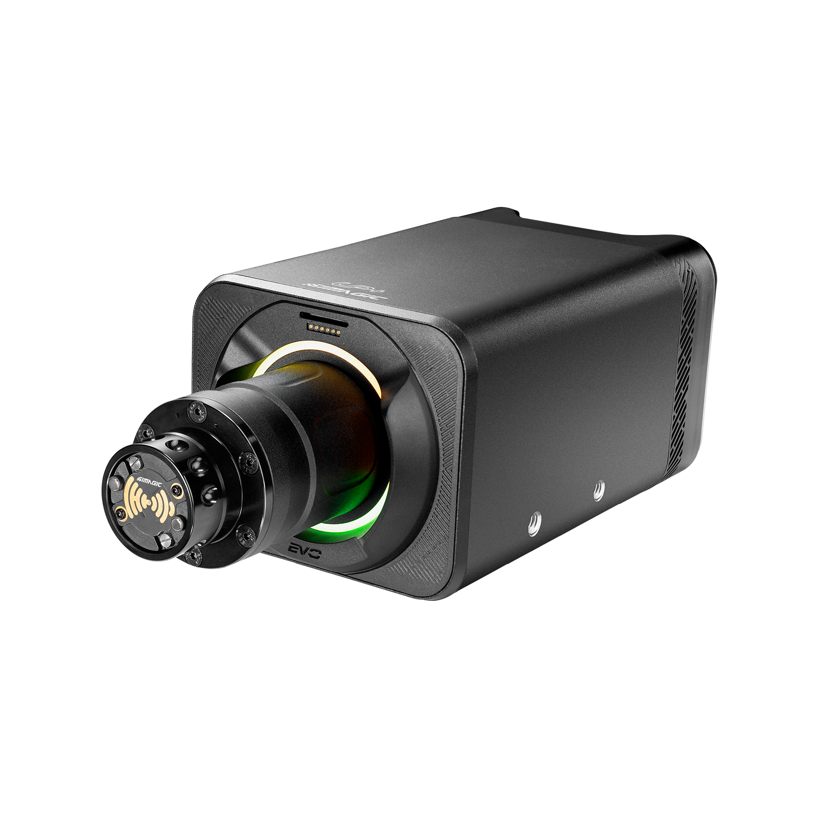 Simagic Alpha EVO Pro direct drive wheelbase showing the compact aluminium housing and LED ring