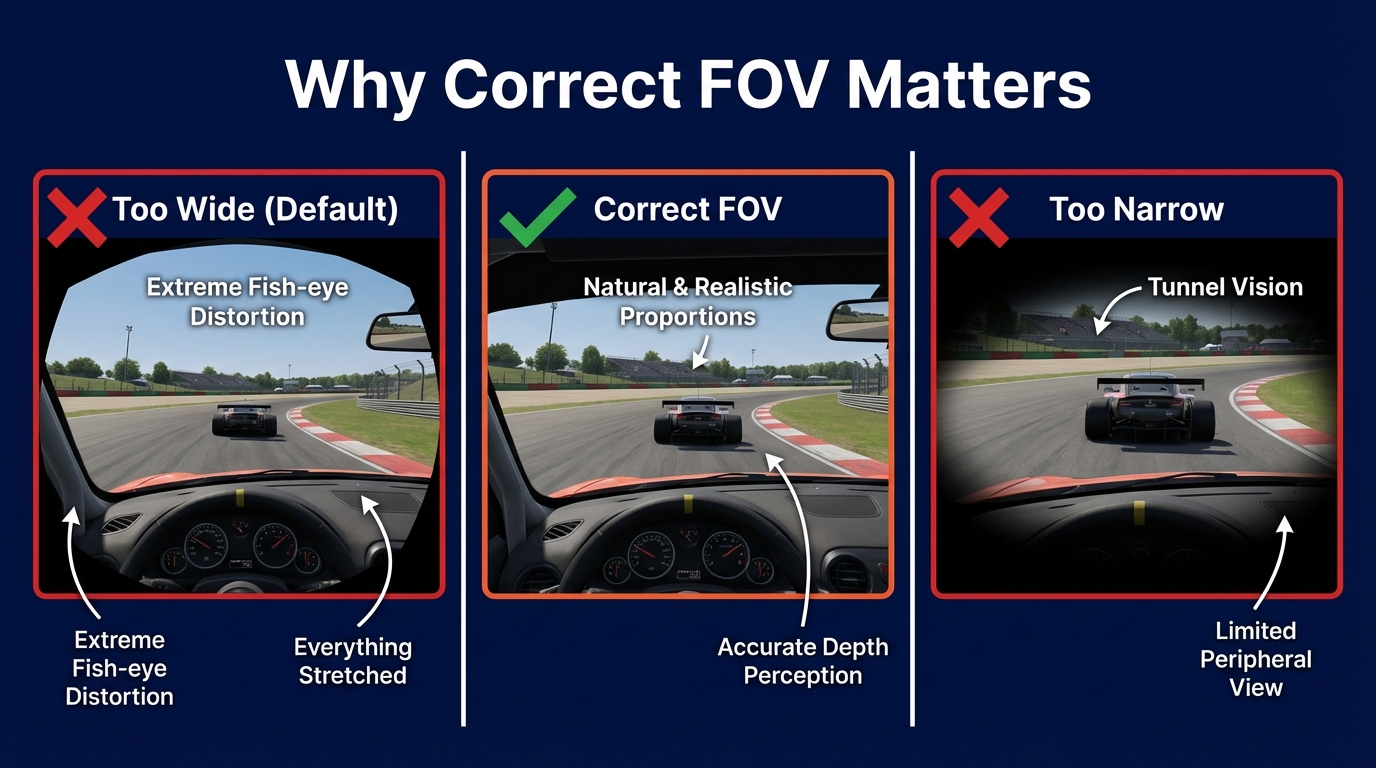 Three-panel comparison showing too wide FOV with fish-eye distortion, correct FOV with natural proportions, and too narrow FOV with tunnel vision