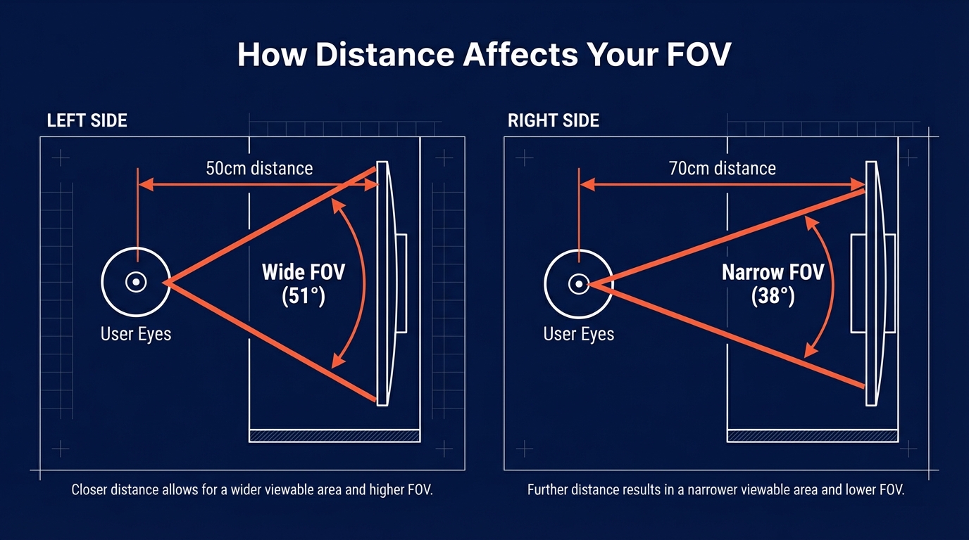 Diagram showing how sitting distance affects field of view angle - 50cm gives 51 degrees FOV while 70cm gives 38 degrees on the same monitor