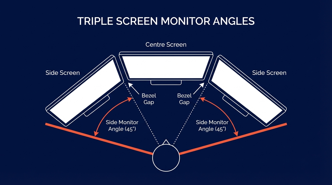 Top-down diagram showing triple monitor setup with centre screen, side screens angled at 45 degrees, and bezel gaps labelled