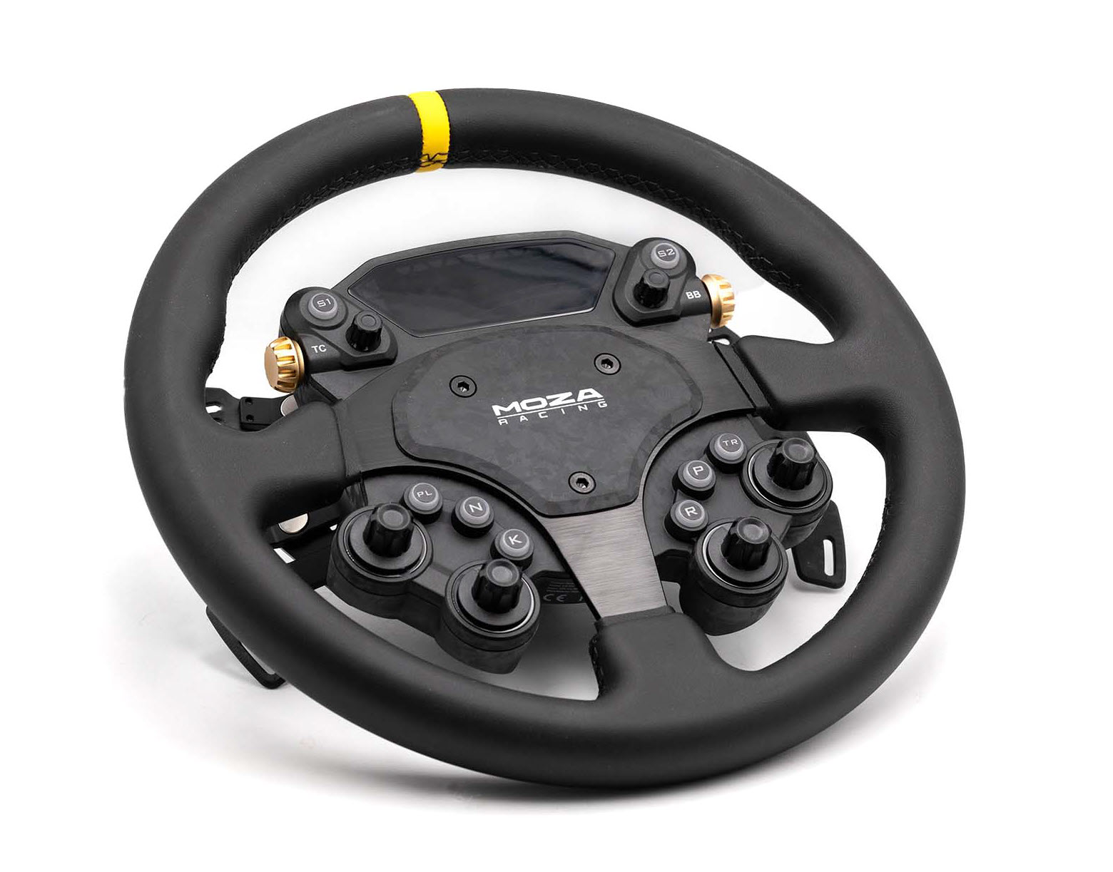 MOZA CS Pro front view showing all buttons, encoders, and display inactive