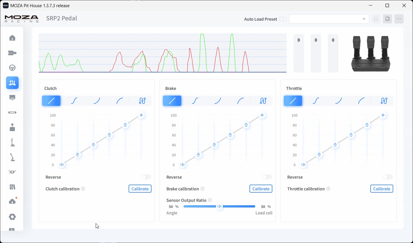 MOZA Pit House software showing SRP2 pedal configuration with brake curve editor and sensor output ratio