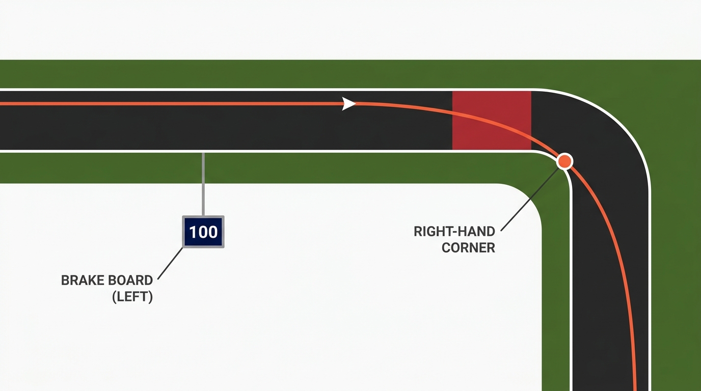 Top-down diagram showing a brake board on the left of a straight leading into a right-hand corner, with the racing line running along the left edge of the track before swooping across to the inside apex.