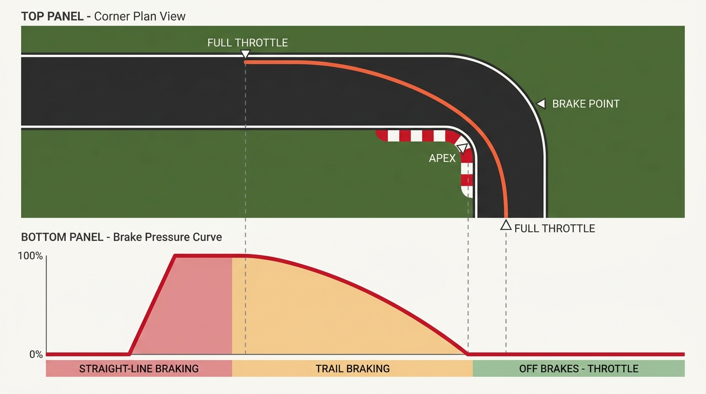 Two-panel diagram. Top: a top-down view of a medium corner with racing line, brake point, apex, and full throttle marked. Bottom: a brake-pressure curve showing straight-line braking at 100%, then a tapering trail brake zone, then off-brakes and throttle after the apex.