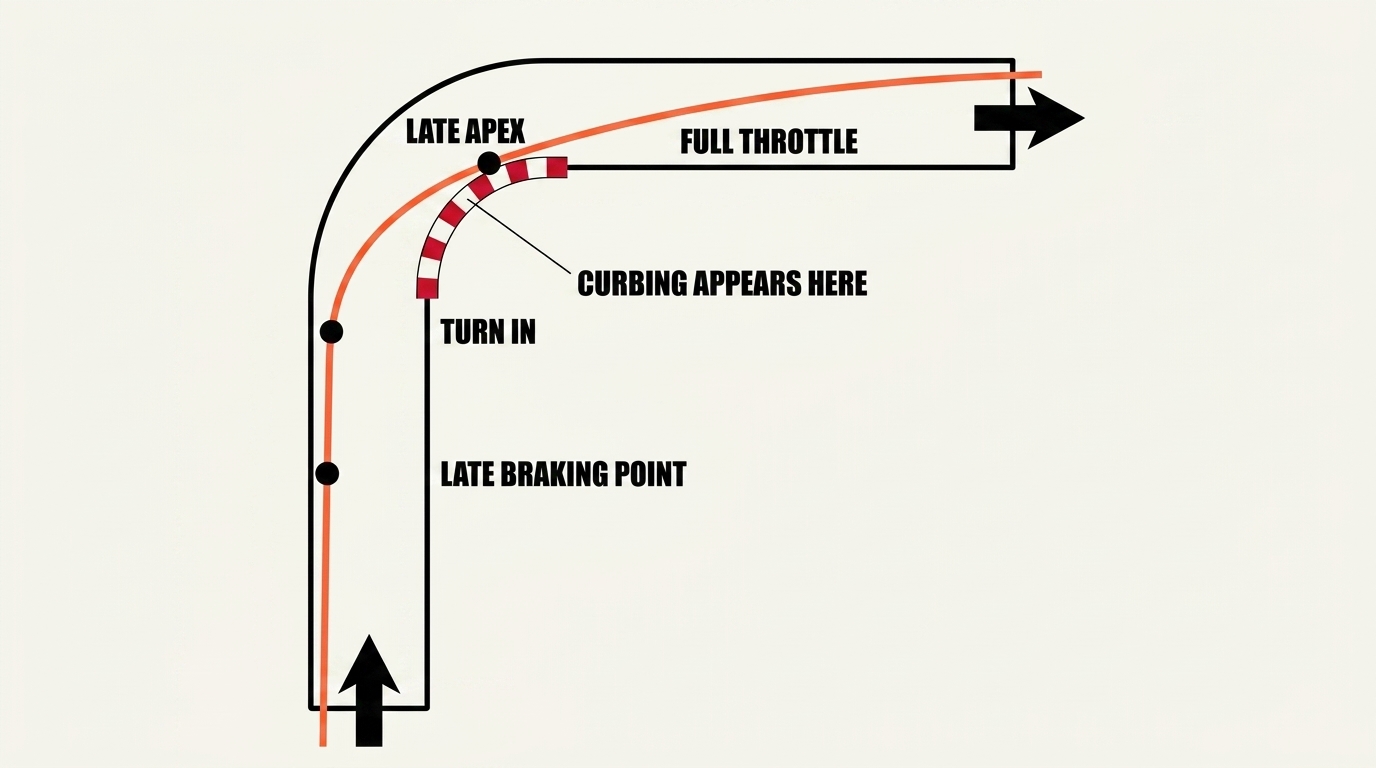 Top-down racing-line diagram of a left-hand corner in the style of coaching references like Drivingfast.net. The car enters the vertical straight on the outside, late-brakes, takes a late turn-in, kisses the apex kerb at roughly 70% through the corner arc, then straightens out to full throttle on the exit. The red and white kerb sits on the inside of the corner at the apex.