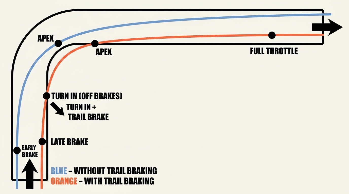 Top-down comparison of two racing lines through the same 90-degree left-hand corner. Blue line shows the slower 'no trail braking' approach with early braking and a wide arc. Orange line shows the faster 'with trail braking' approach with later brake, later turn-in, late apex, and a straighter exit.