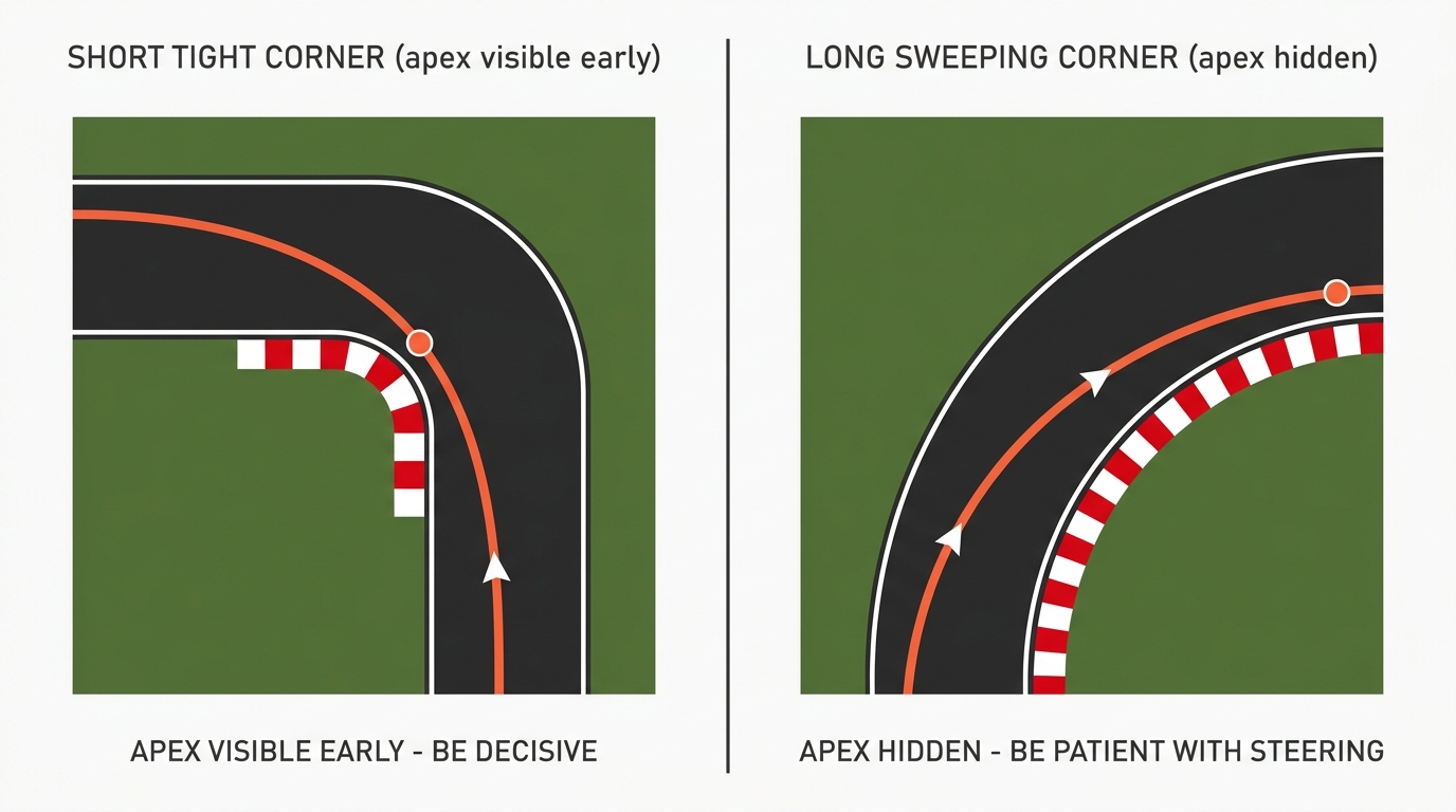 Two-panel diagram. Left: a short tight right-hand corner with the apex kerb clearly visible from approach. Right: a long sweeping right-hand curve with the apex kerb mostly hidden behind the gradual curvature.
