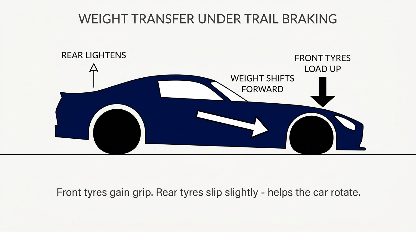 Side view of a GT3-style racing car tilted slightly nose-down to show weight transfer under braking. Arrows labelled 'weight shifts forward', 'front tyres load up', and 'rear lightens' illustrate how brake force redistributes the car's mass.