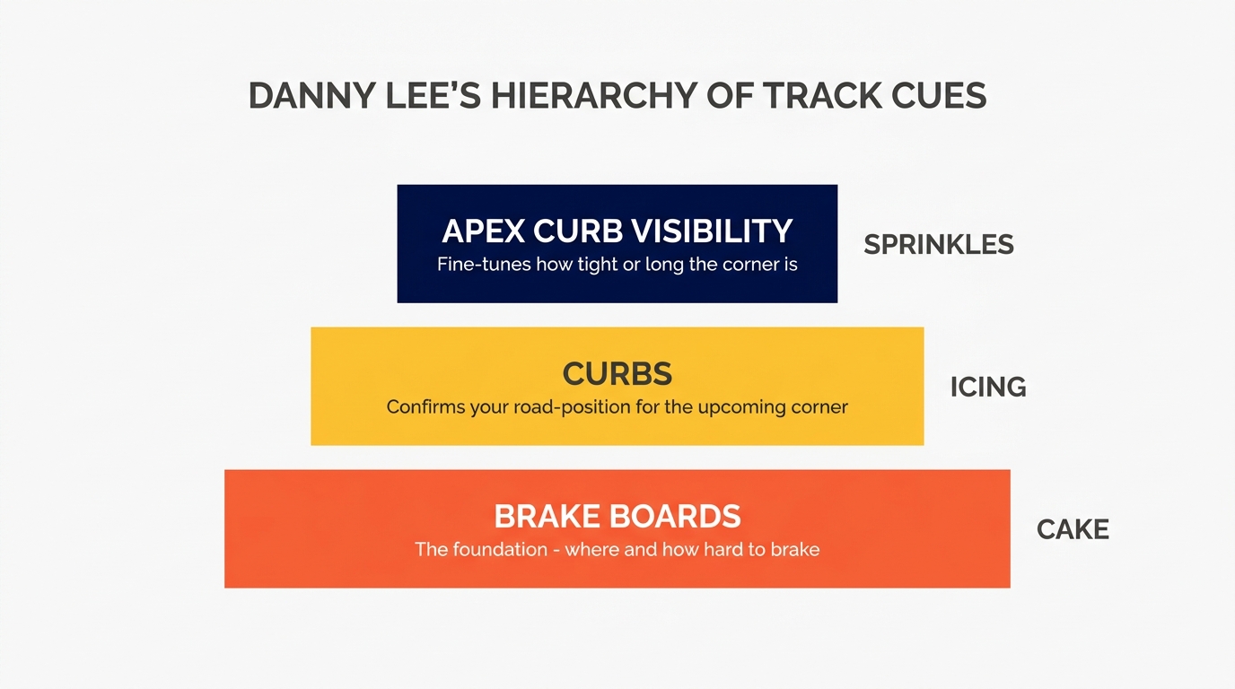 Three-tier pyramid diagram showing brake boards as the foundation, curbs as the middle tier, and apex curb visibility as the top tier, labelled cake, icing, and sprinkles respectively.