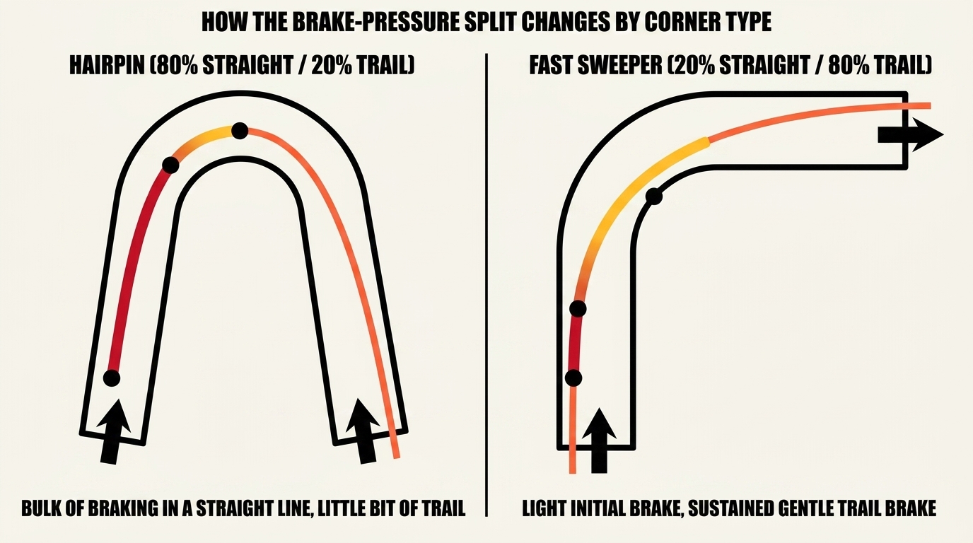 Two-panel top-down comparison. Left: a 180-degree hairpin with most of the brake zone shown in red (straight-line braking) and a small amber section at turn-in (trail braking). Right: a long fast sweeper with a small red section (initial brake) and a long amber fade (sustained trail braking into the corner).