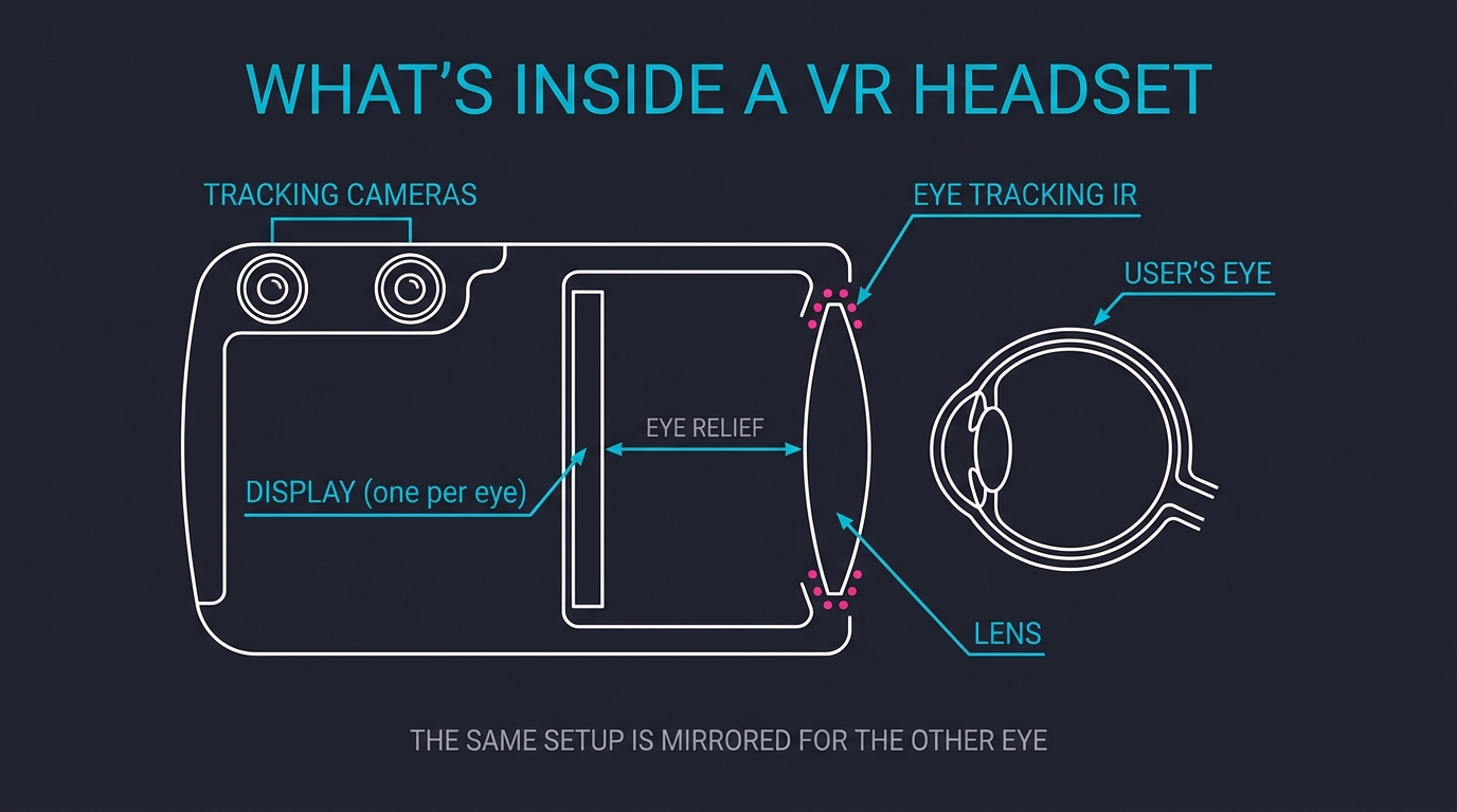 Cross-section of a VR headset showing the lens, eye relief, display, and tracking cameras