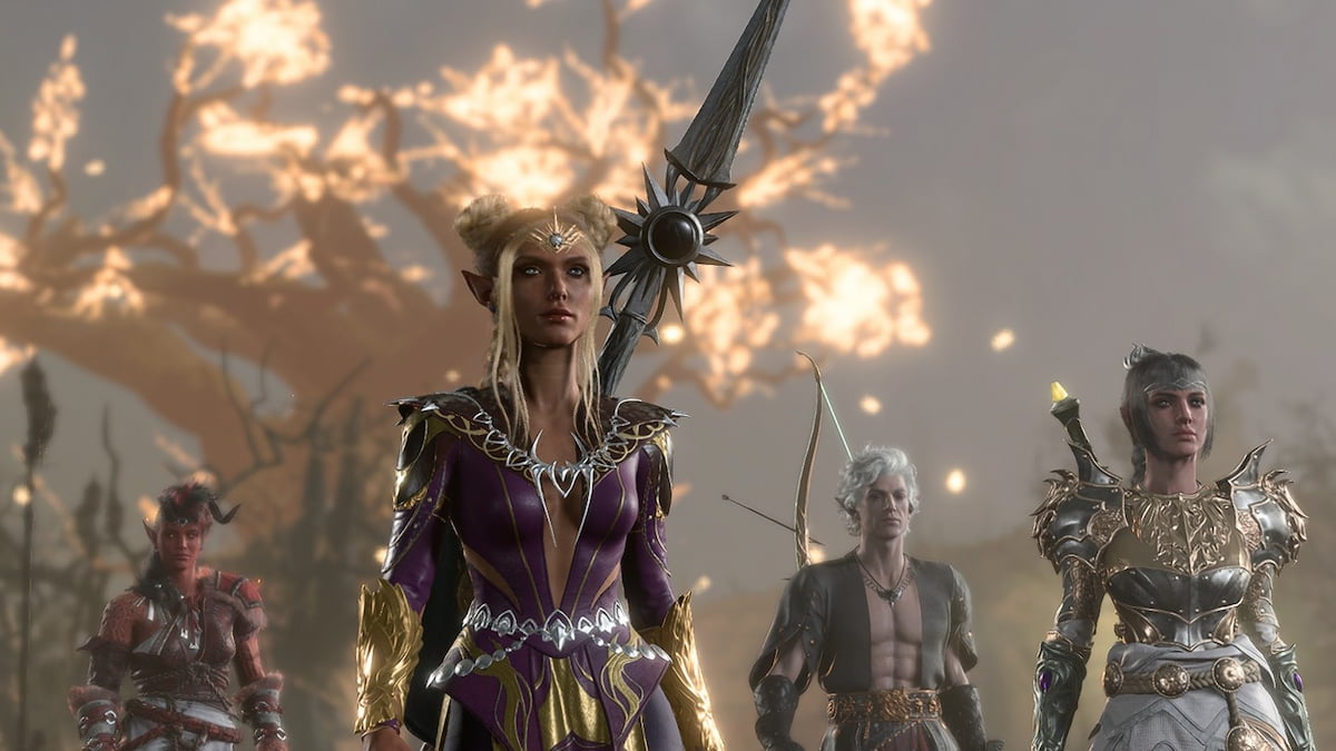 Baldur's Gate 3 squad walking with tree on fire behind them