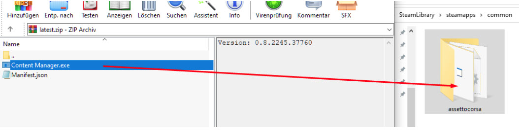 Drag-and-drop diagram showing the Content Manager executable extracted from latest.zip into the assettocorsa Steam folder