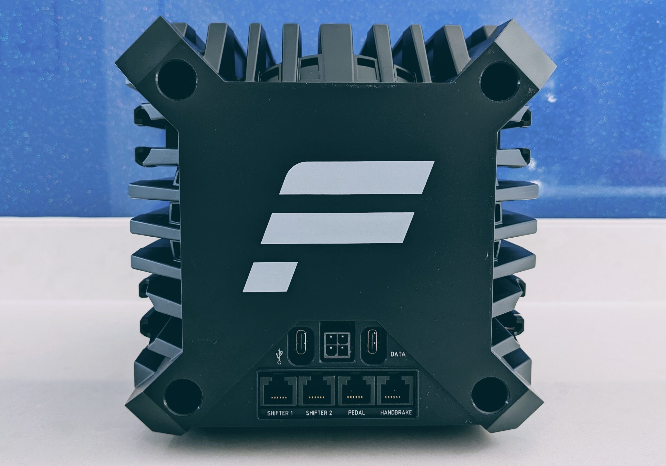 Rear of the Fanatec CSL DD showing the USB-C data port, power connector and RJ12 peripheral ports