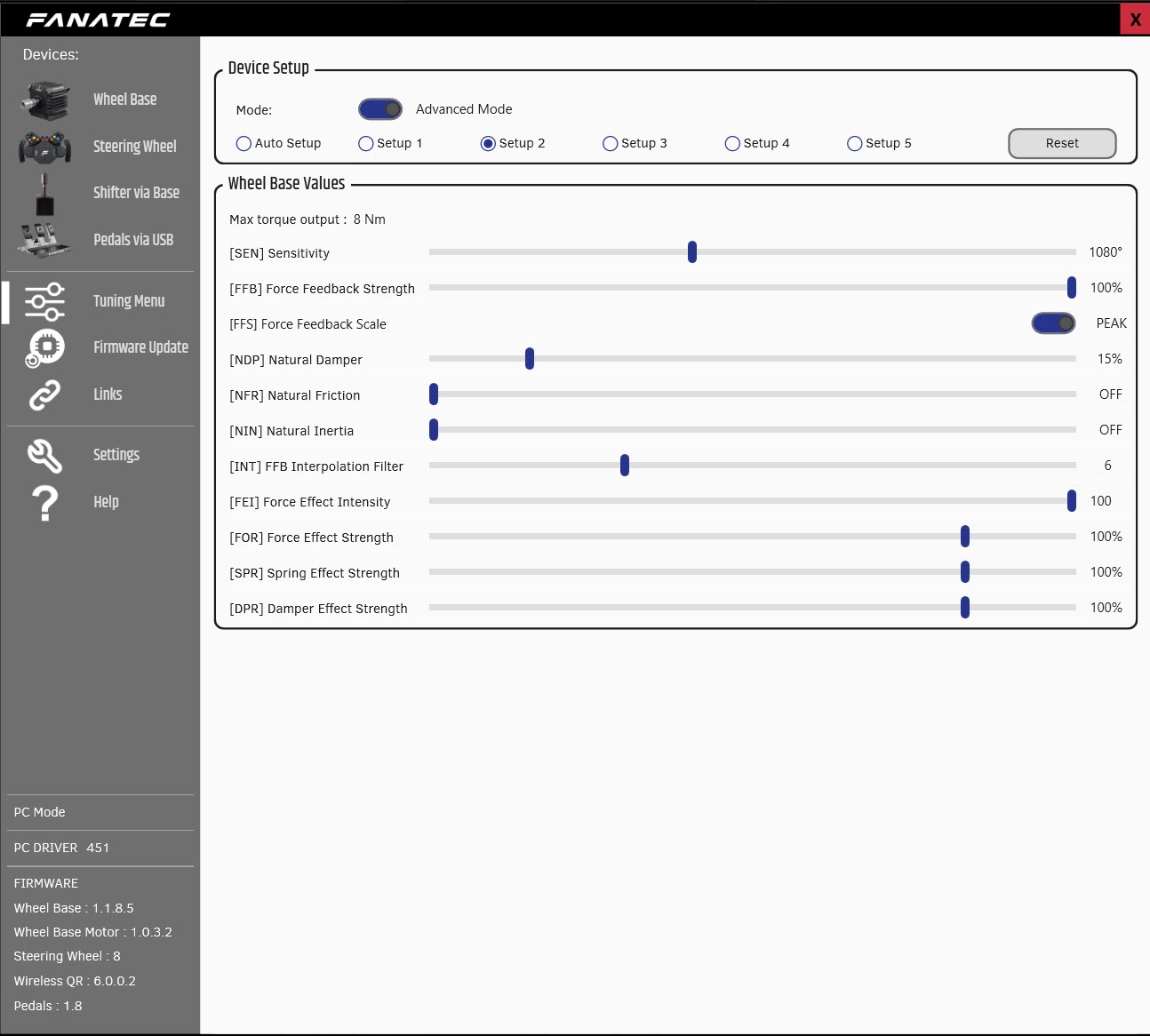 Fanatec CSL DD tuning menu showing FFB, INT interpolation and FEI settings plus firmware versions