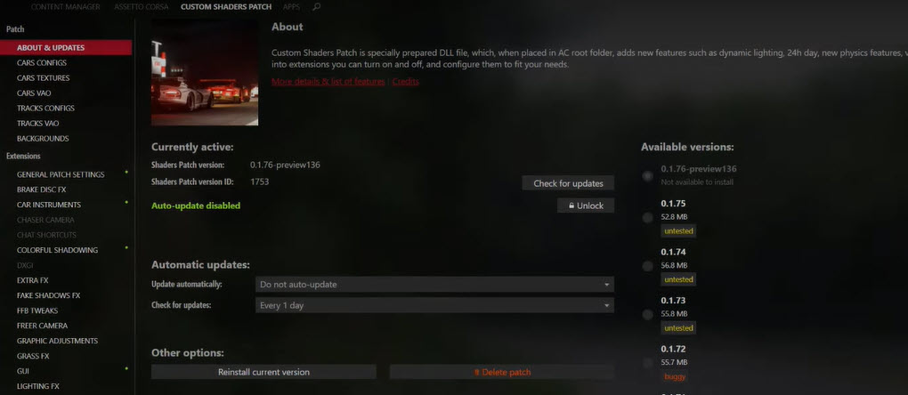 Custom Shaders Patch (CSP) About and Updates panel inside Content Manager, version 0.1.76, with the FFB Tweaks and VR-relevant extensions list visible in the left sidebar