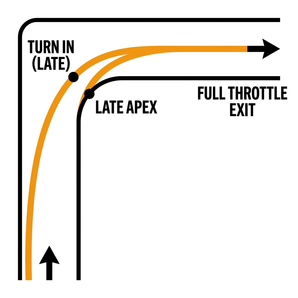 Top-down diagram of a 90-degree right-hand corner showing the late-apex racing line in orange. Late turn-in marked at the entry, late apex past the geometric centre of the inside kerb, straight exit out of the corner.