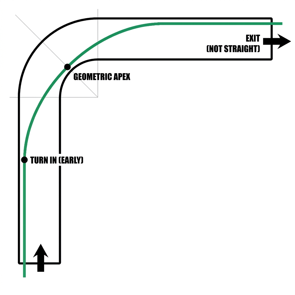 Top-down diagram of the same 90-degree right-hand corner showing the geometric-line racing line in green. Earlier turn-in, symmetric arc apexing at the geometric centre of the inside kerb, gentle exit that does not straight-line.