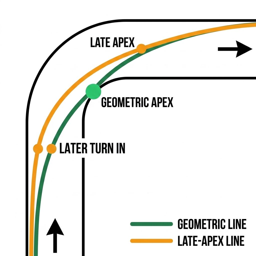 Top-down overlay of both racing lines on the same 90-degree right-hand corner. Green geometric line apexes earlier and at the corner's midpoint; orange late-apex line turns in later, apexes past the midpoint, and exits noticeably straighter.