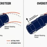 Two top-down panels: understeer (left) shows the car continuing forward while the intended path curves inside; oversteer (right) shows the car rotating with the actual path swinging out wider than the intended path. Navy car bodies, orange solid actual path, grey dashed intended path.