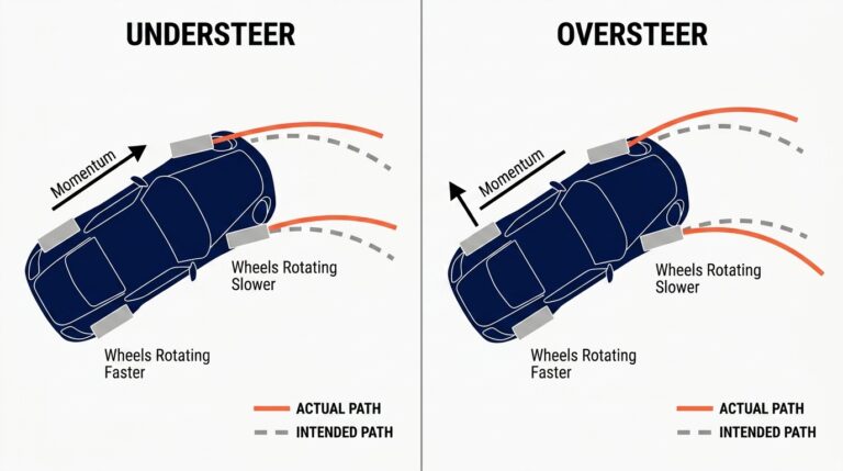 Two top-down panels: understeer (left) shows the car continuing forward while the intended path curves inside; oversteer (right) shows the car rotating with the actual path swinging out wider than the intended path. Navy car bodies, orange solid actual path, grey dashed intended path.