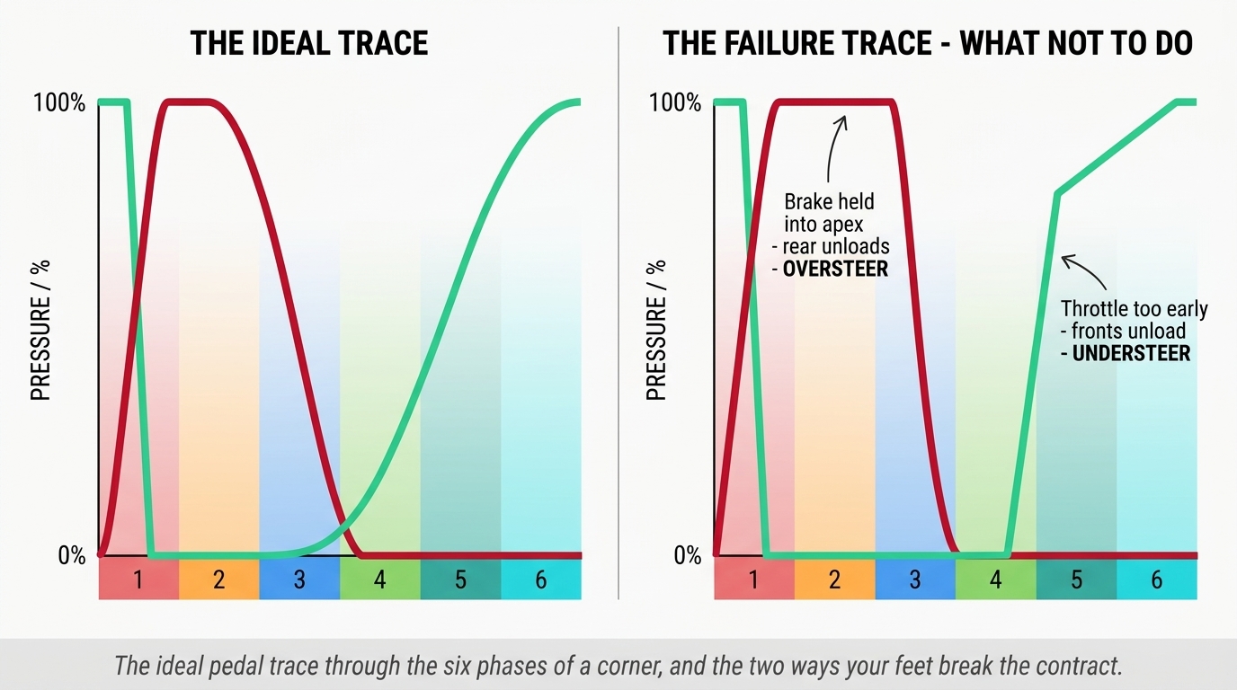 Two graph panels showing pedal pressure across the six phases of a corner: left panel is the ideal trace, right panel is the failure trace with brake held into the apex (oversteer) and throttle ramped too early on exit (understeer).