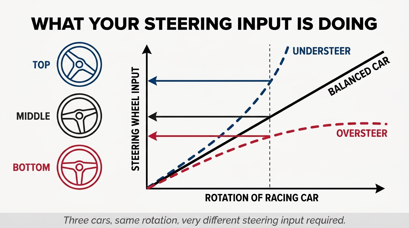 Graph plotting steering wheel input against rotation of racing car, showing three curves: balanced car (straight diagonal), understeer (curves above the line - more input needed for less rotation), oversteer (curves below - less input for more rotation), with three steering wheel icons on the left showing the different angles.