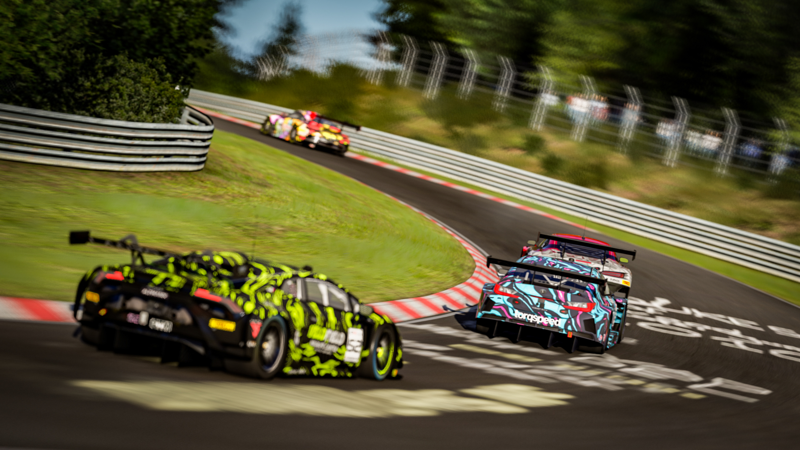 A grid of GT3 cars racing on the Nordschleife in Assetto Corsa