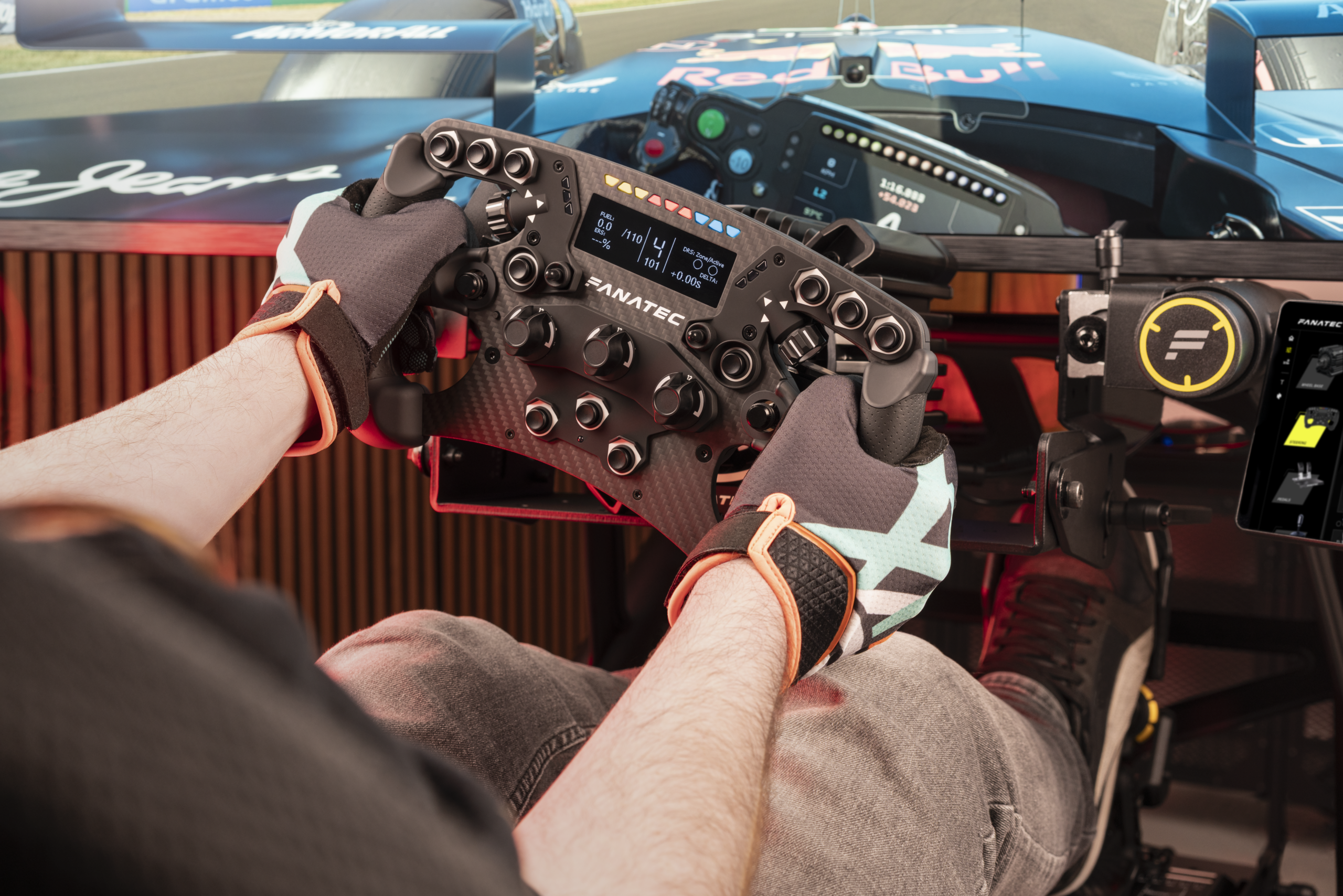 Fanatec ClubSport Steering Wheel Formula V3 mounted on a sim racing cockpit during a session
