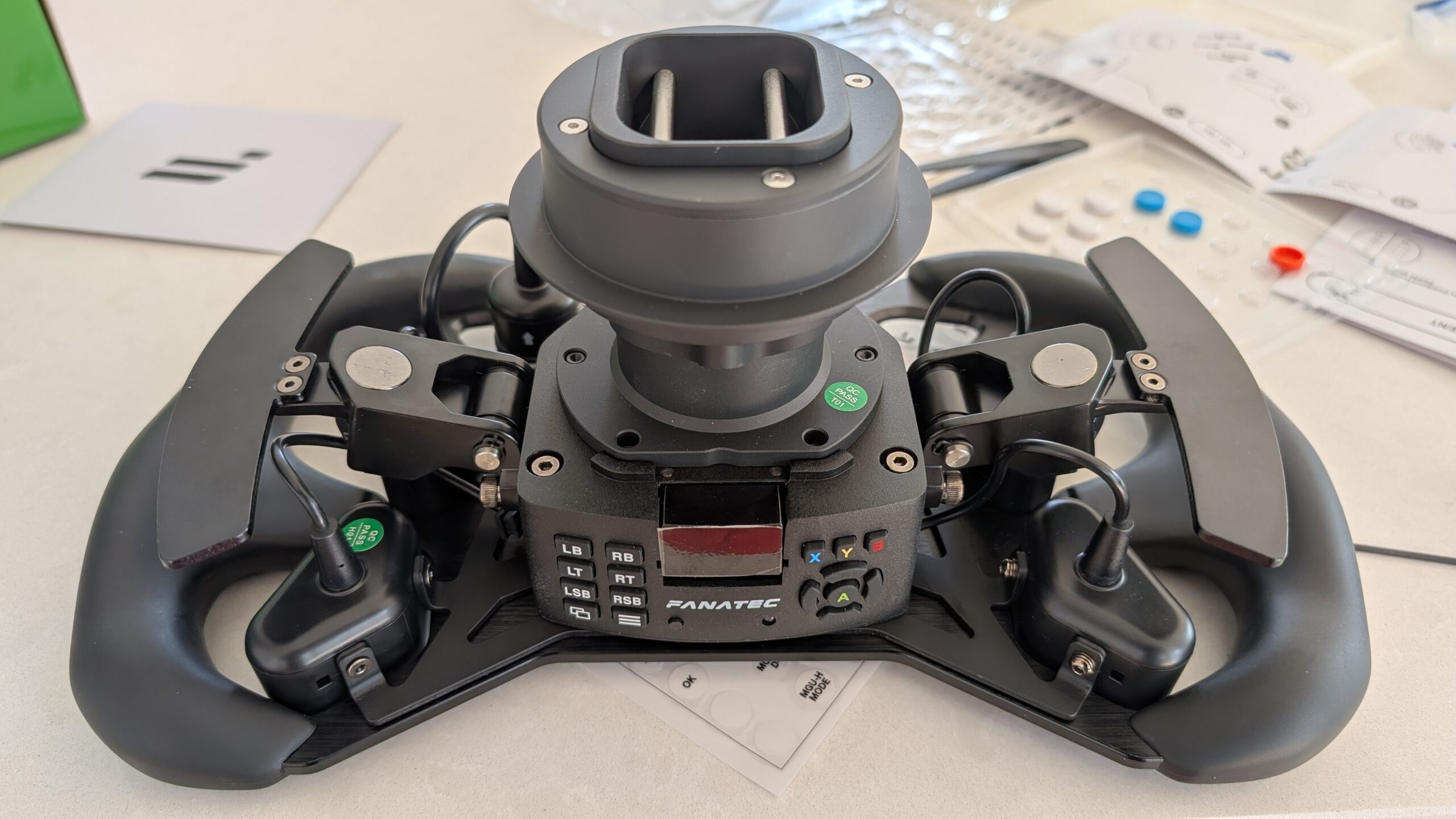 Fanatec ClubSport steering wheel showing the quick release on the back
