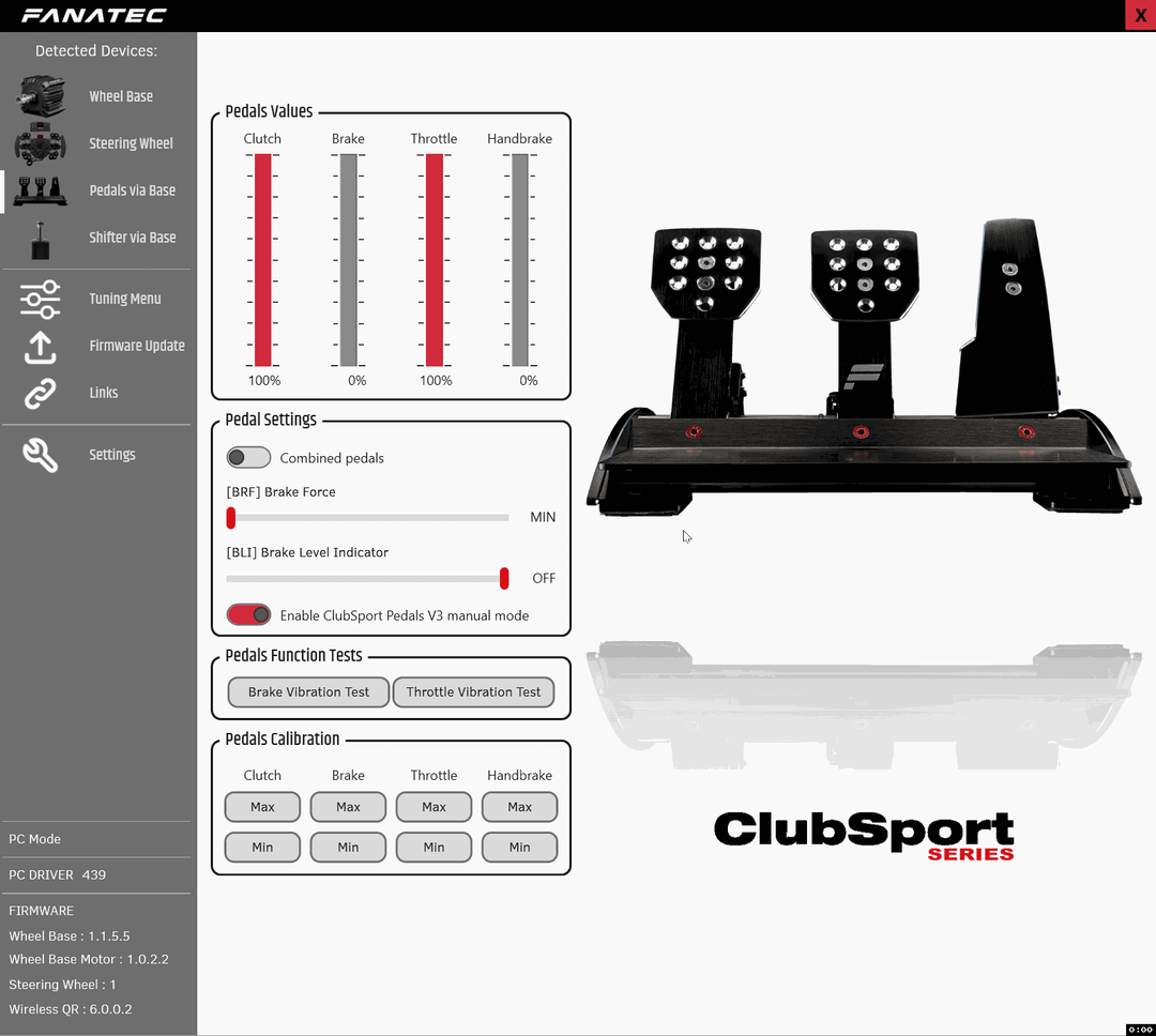 Animated demonstration of a Fanatec brake pedal value flickering on its own in the control panel
