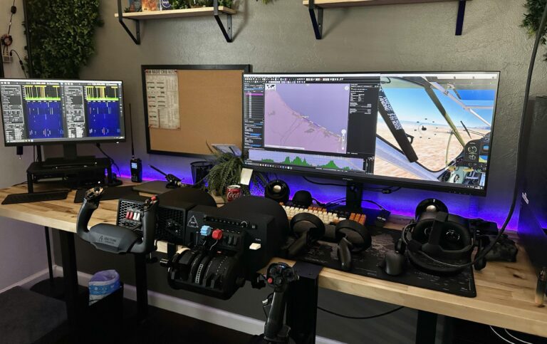 Home flight simulator cockpit setup with throttle quadrant centre-foreground, yoke, dual ultrawide monitor displays running Microsoft Flight Simulator, mixed HOTAS controls, purple LED backlighting