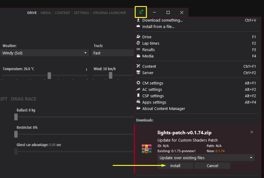 Content Manager menu showing Install from a file with a CSP update zip ready to install