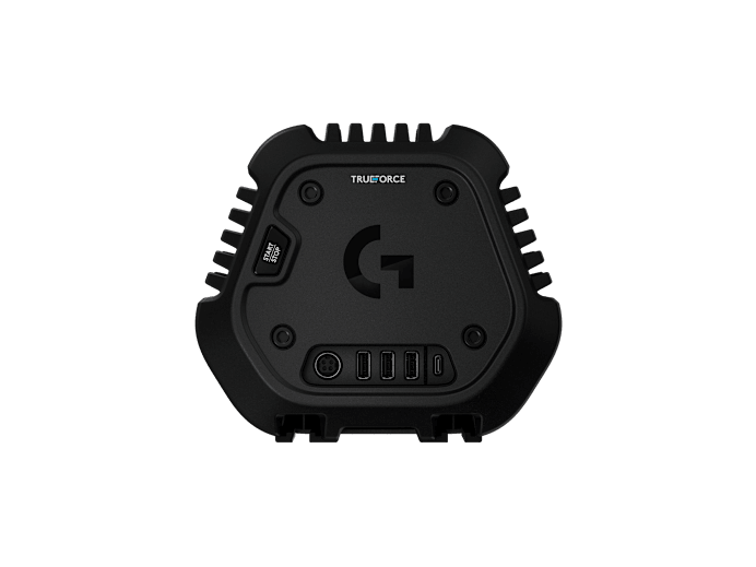 Logitech RS50 back panel showing USB-C, power button and peripheral USB ports